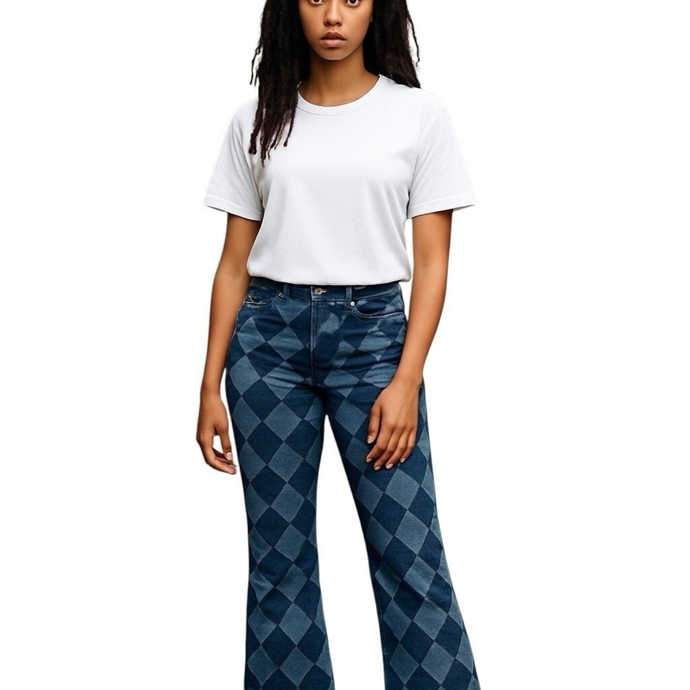 No Boundaries Pants Womens 1 Blue Denim Jeans Flared Argyle Diamond Pattern‎